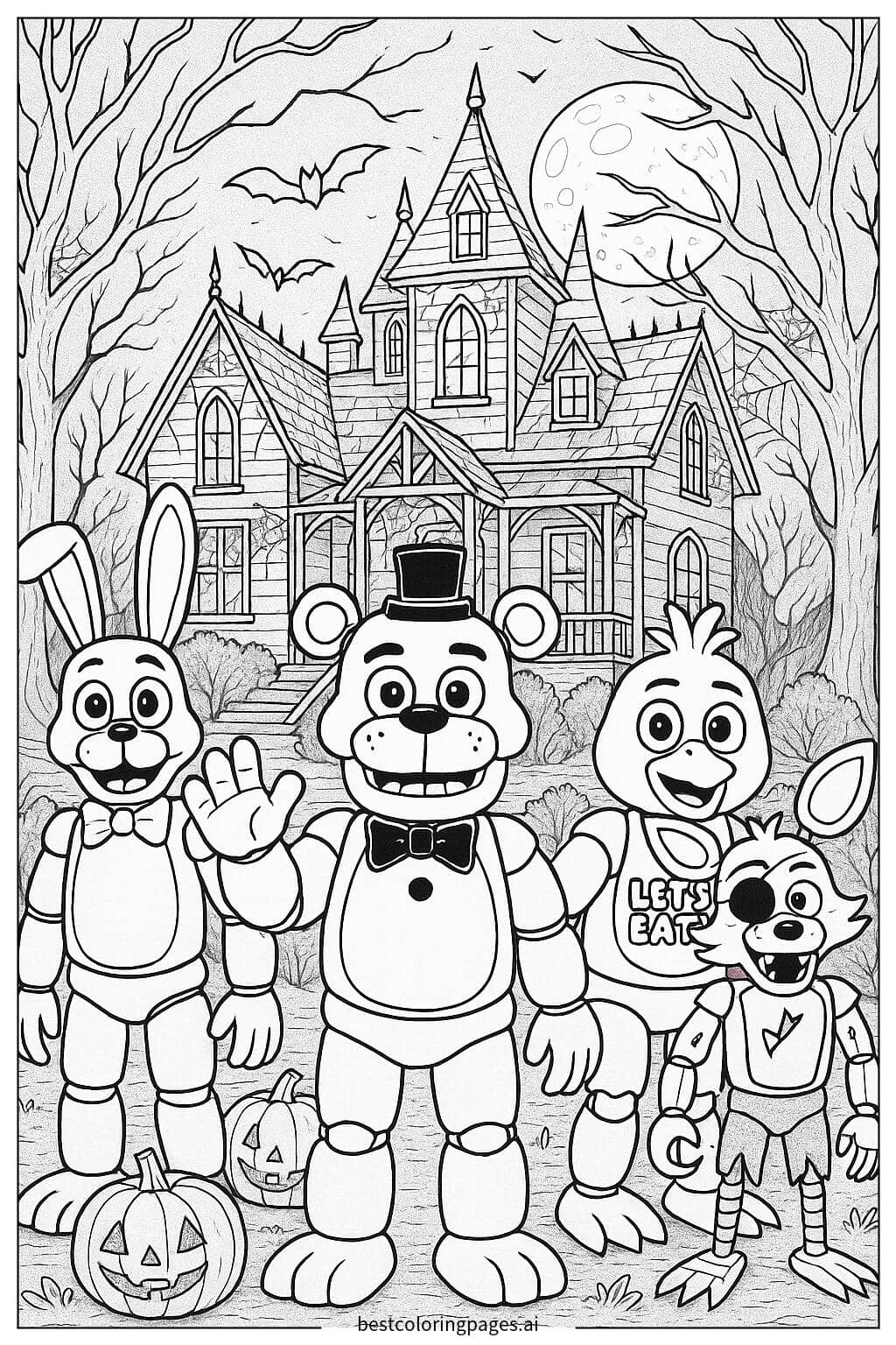 Freddy and Friends Explore a Haunted House Coloring Page