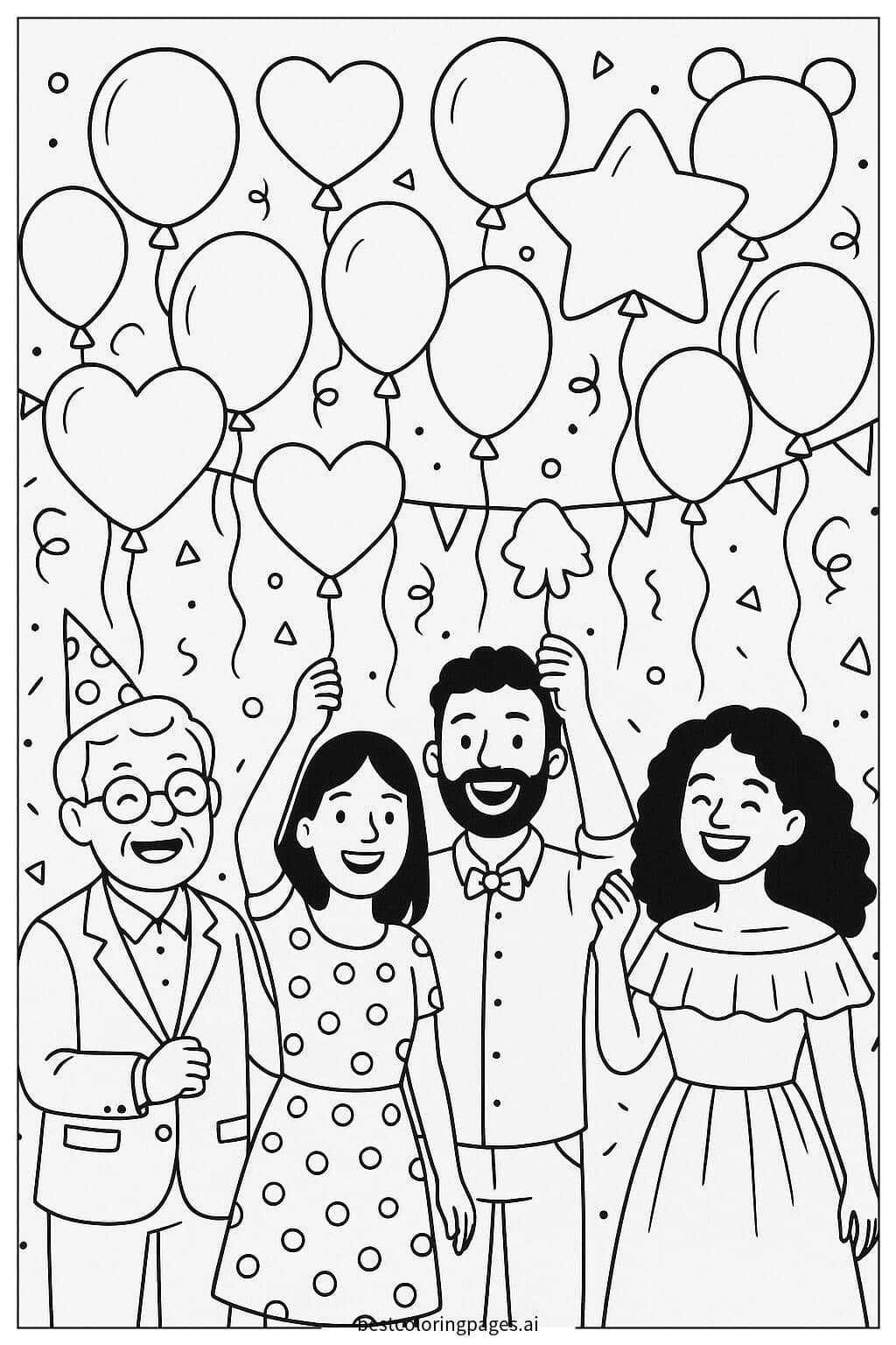 Friends Celebrating with Birthday Balloons Coloring Page