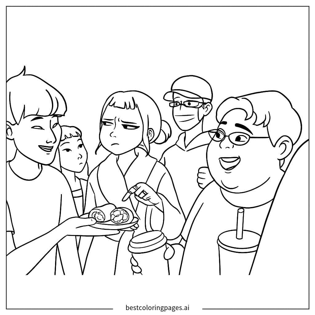 Dibujos de Amigos compartiendo bocadillos para Colorear