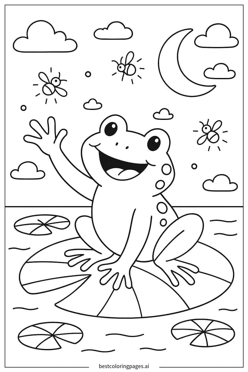 Frog Catching Fireflies in the Evening Coloring Page