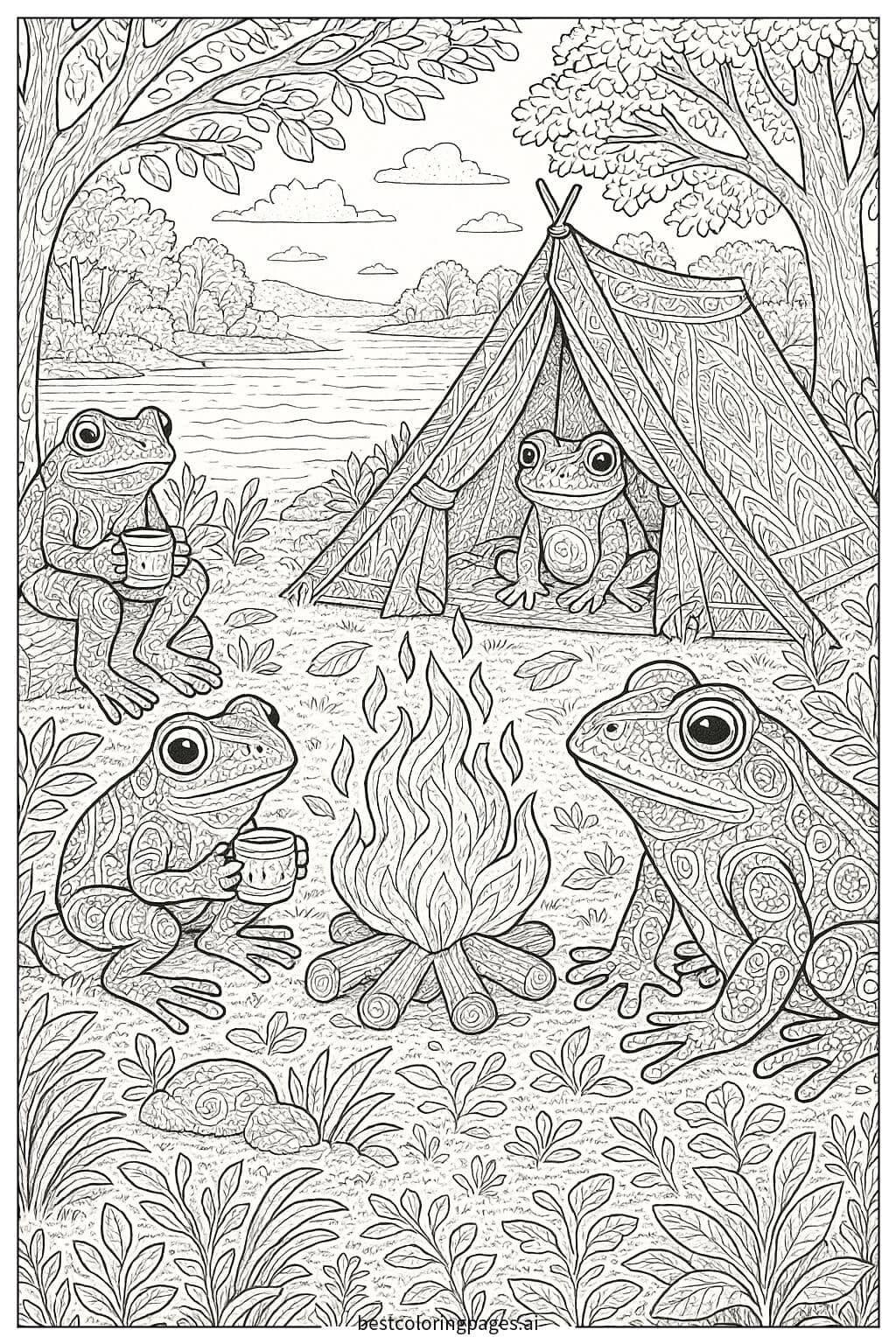 Frog Family Camping by the Lake Coloring Page