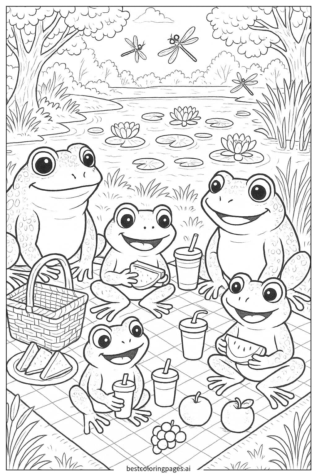 Disegni di La famiglia di rane fa un picnic vicino a uno stagno da Colorare