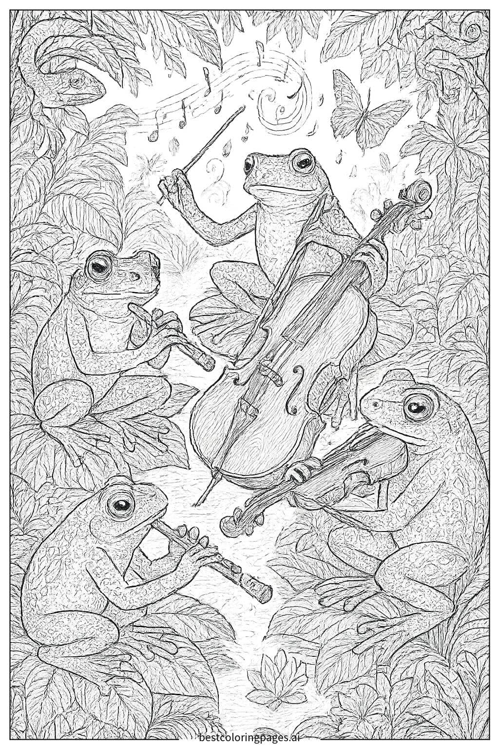 Frog Orchestra in the Rainforest Coloring Page