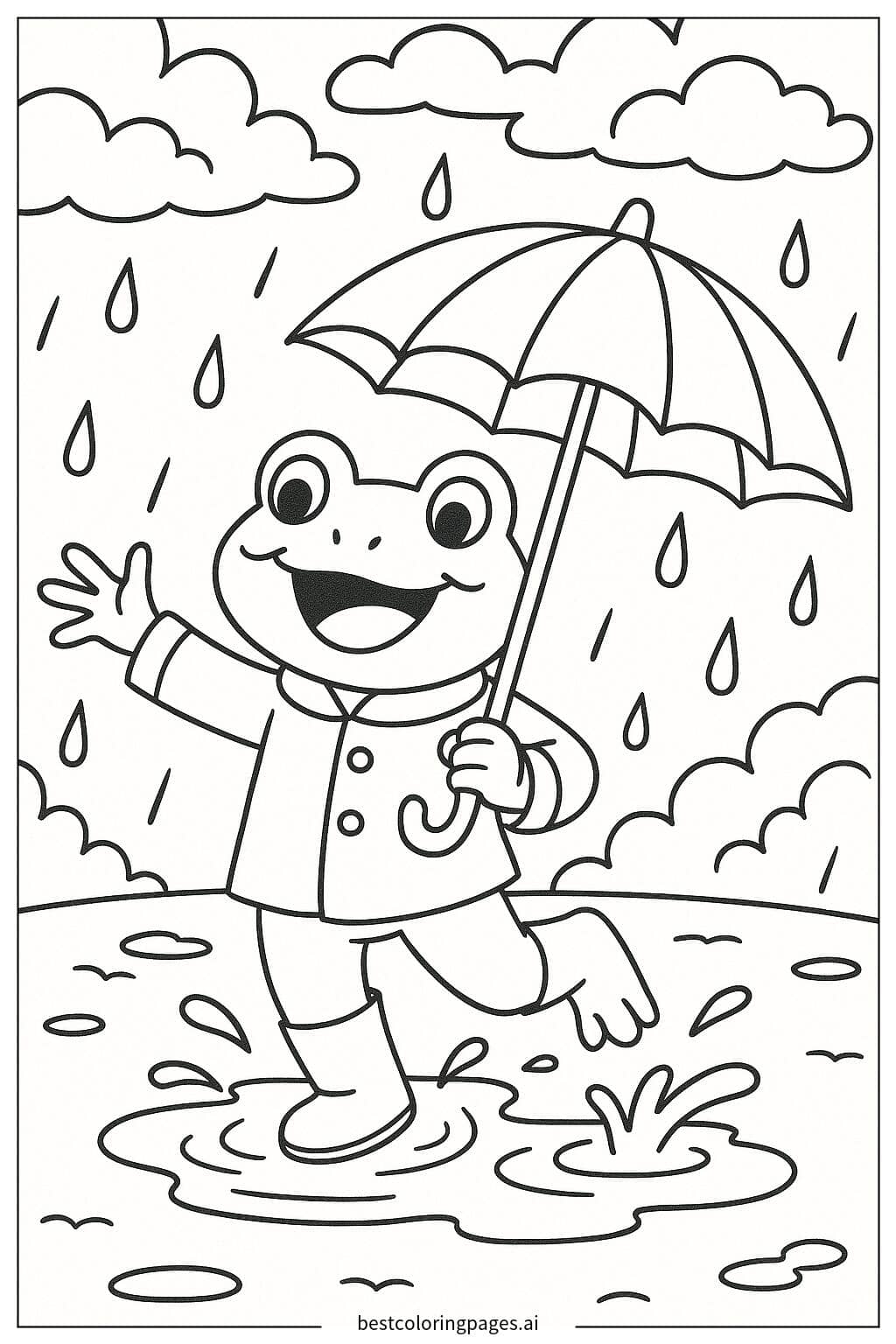 Frog Enjoying the Rain Coloring Page
