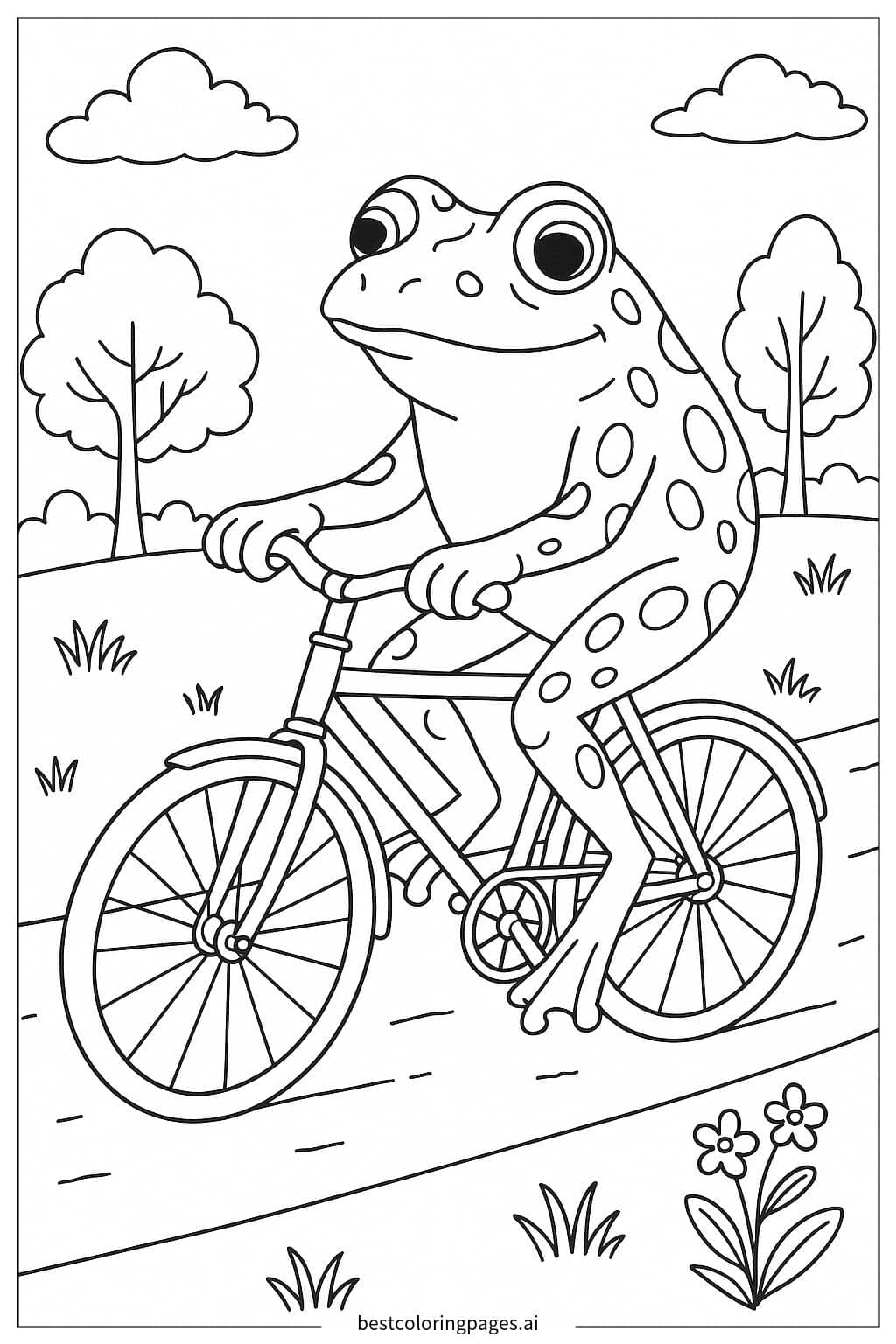 Frog Riding a Bicycle Coloring Page