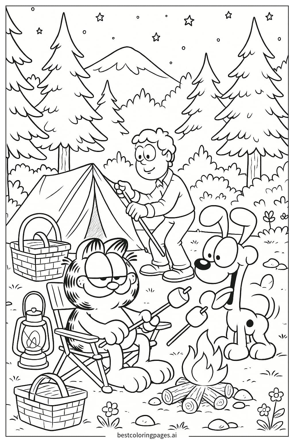 Garfield and Friends Enjoy a Camping Adventure Coloring Page