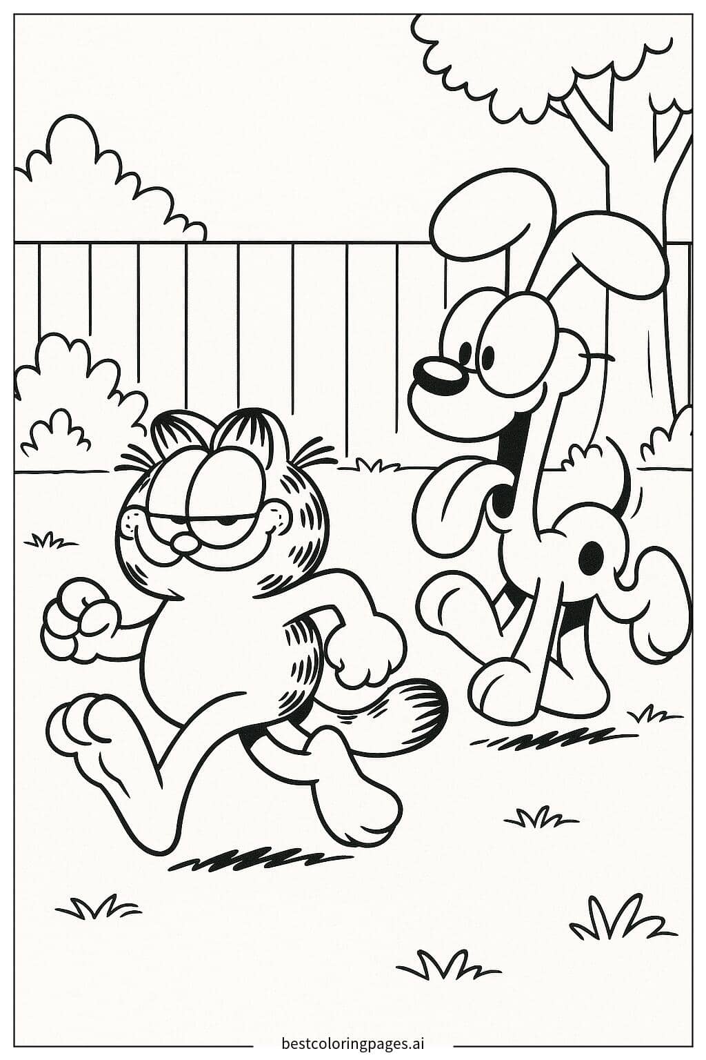 Garfield and Odie Running in the Yard Coloring Page