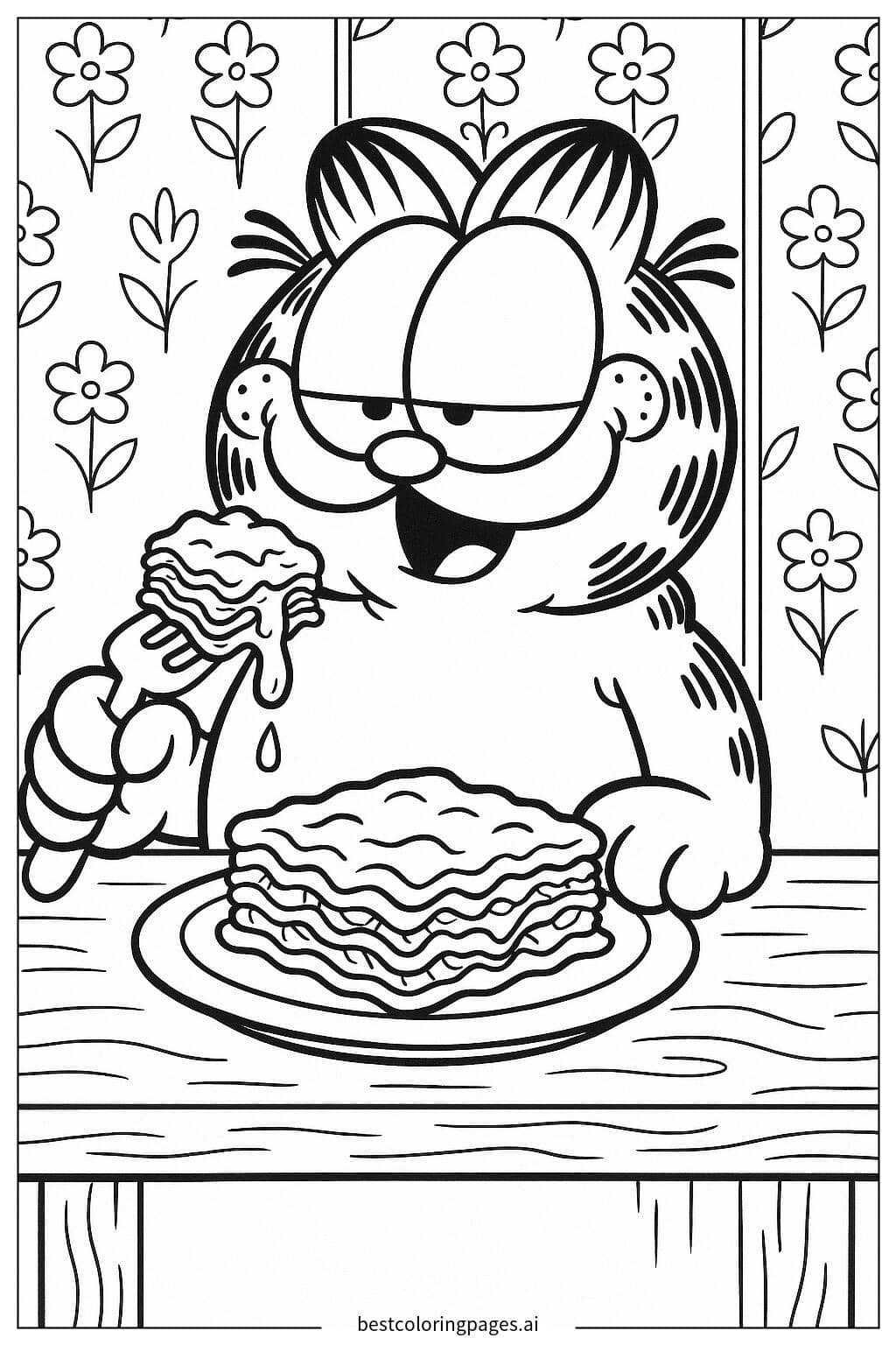 Coloriage Garfield mange des lasagnes à table