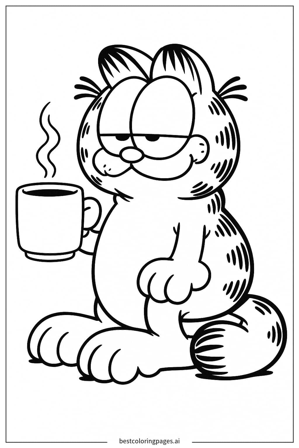 Garfield Enjoying a Cup of Coffee Coloring Page