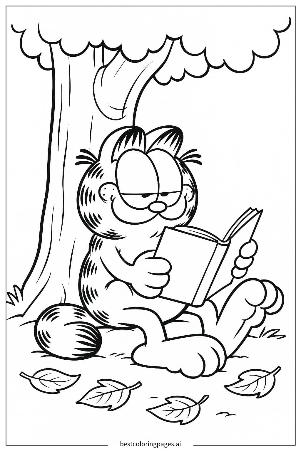 Garfield liest ein Buch unter einem Baum Ausmalbilder