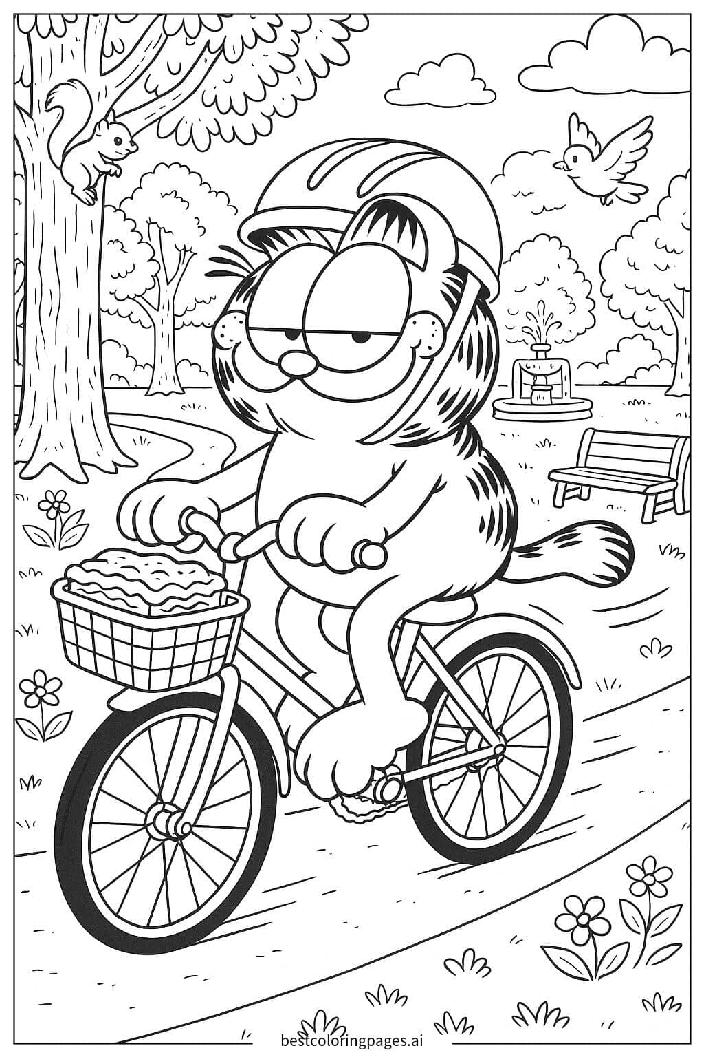Garfield Enjoying a Bicycle Ride in the Park Coloring Page