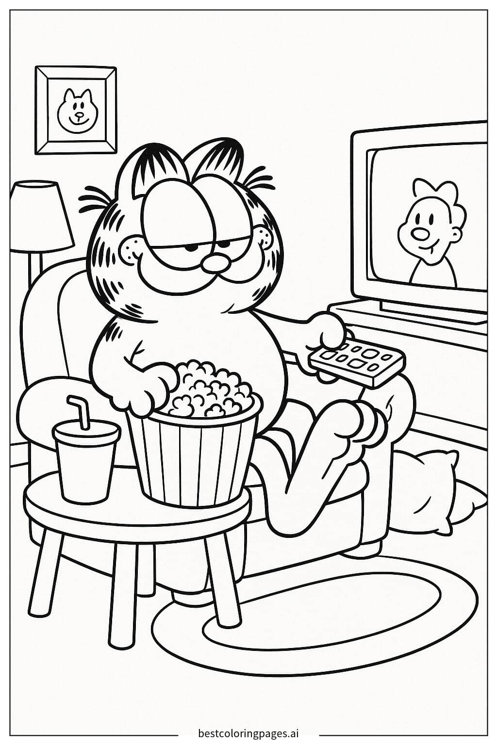Garfield Relaxing on the Couch Watching TV Coloring Page