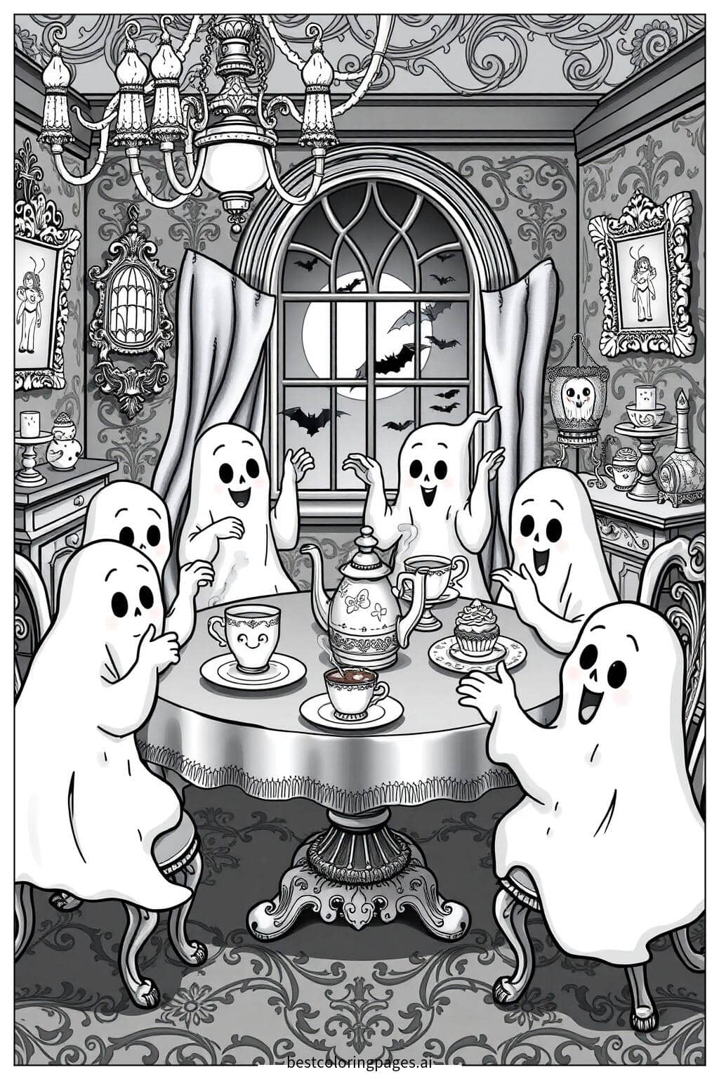 Ghosts Hosting a Spooky Tea Party Coloring Page