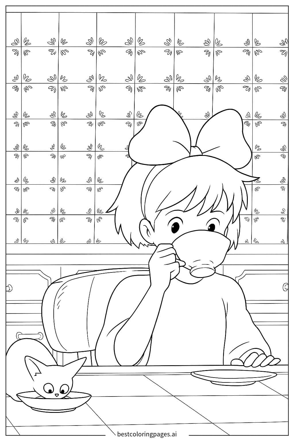 Kiki and Jiji Sharing a Drink Coloring Page