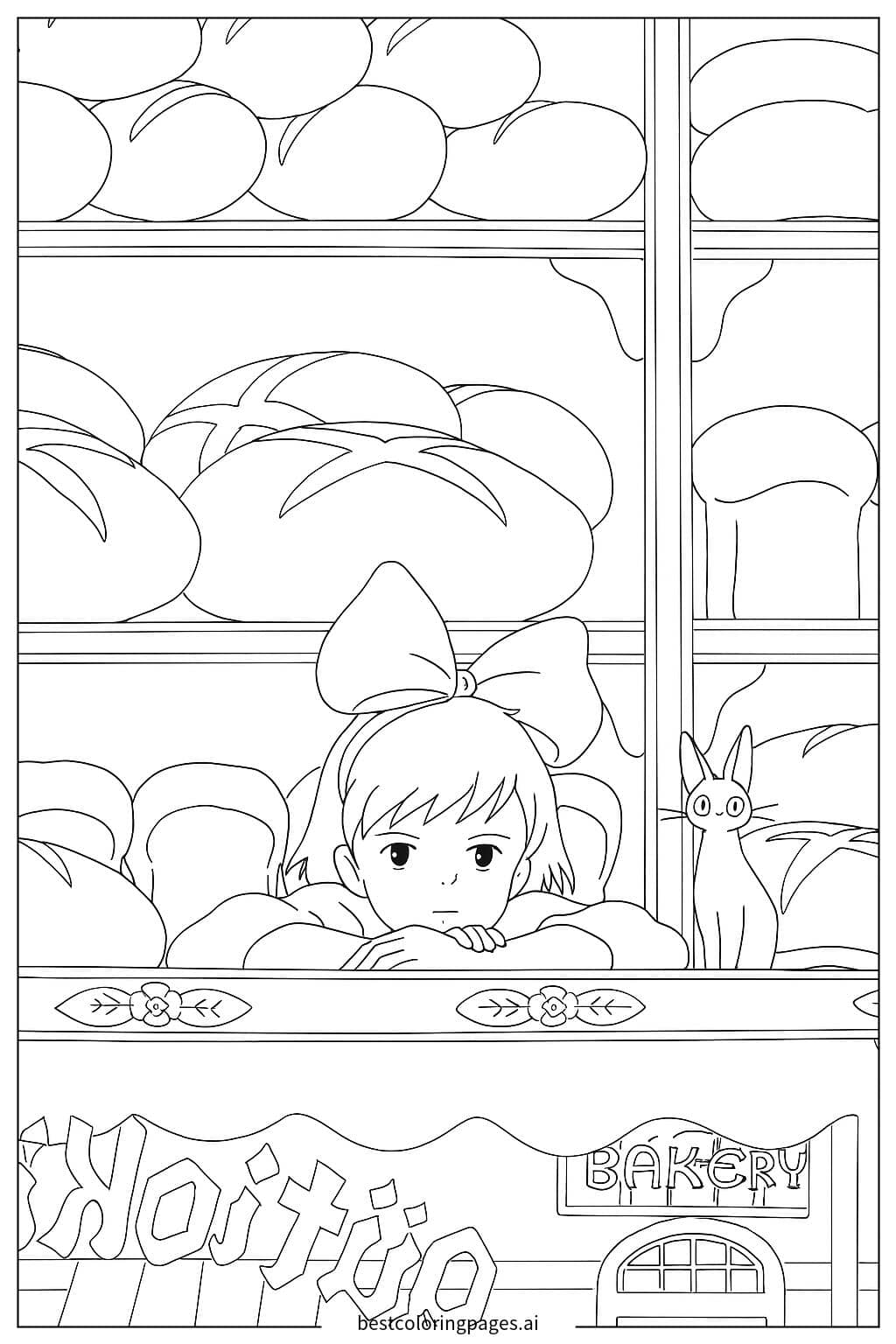 Girl and Cat in a Cozy Bakery Coloring Page