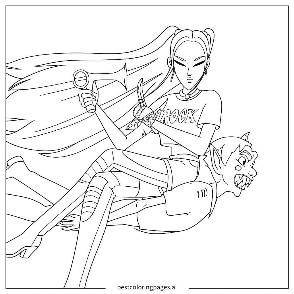 Dibujos de Chica Luchando contra el Demonio para Colorear