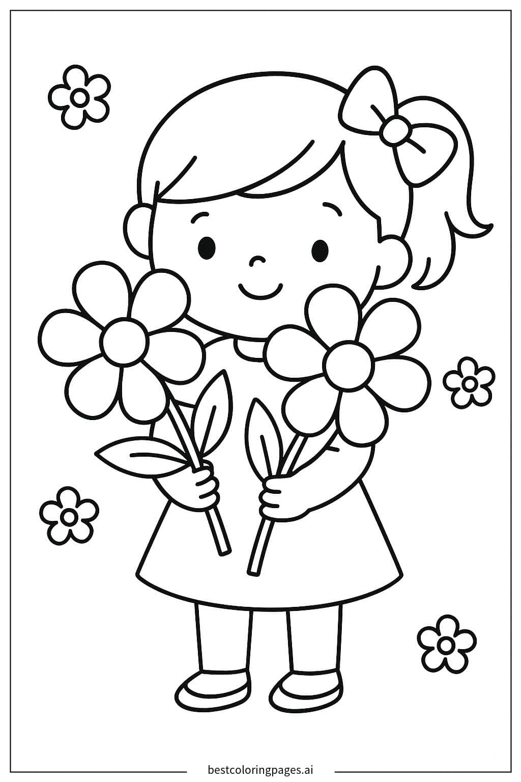 Coloriage Fille Tenant des Fleurs