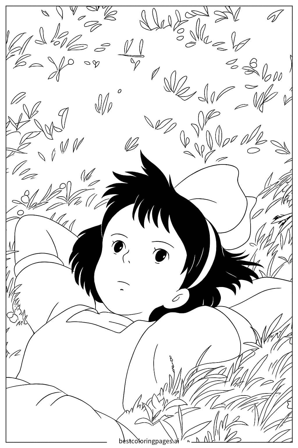 Dreamy Girl Relaxing in the Grass - Inspired by Kiki's Delivery Service Coloring Page