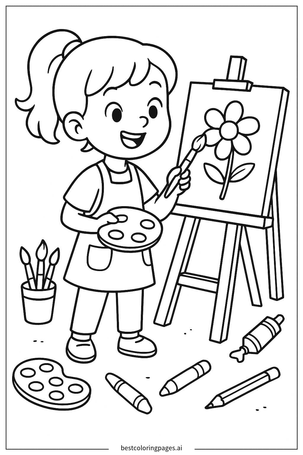 Coloriage Fille peignant sur un chevalet