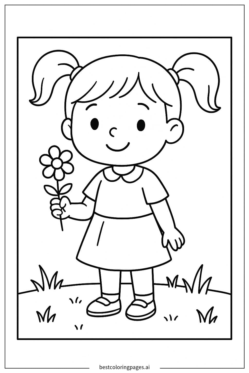 Coloriage Fille cueillant des fleurs