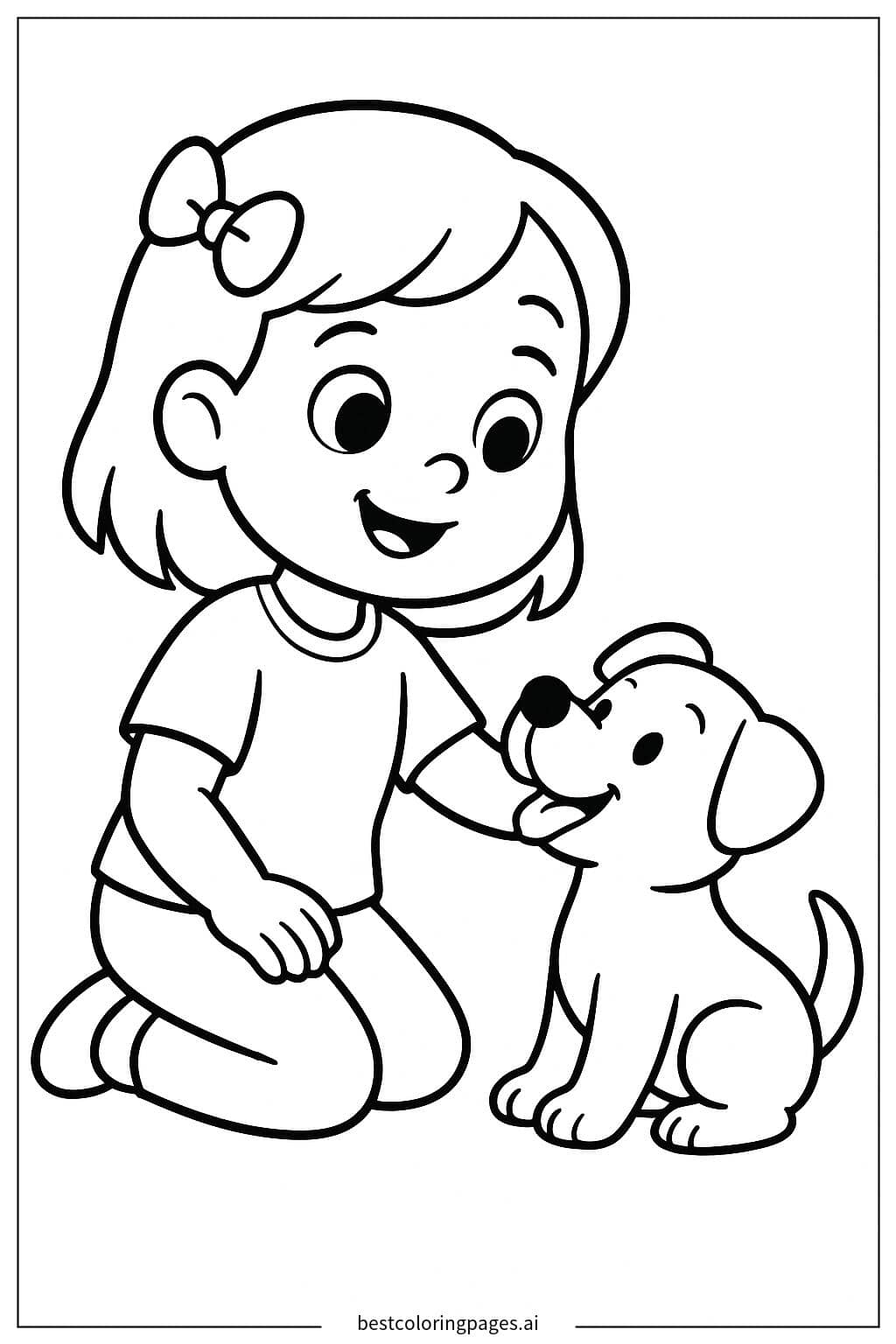 Coloriage Fille Jouant avec un Chiot