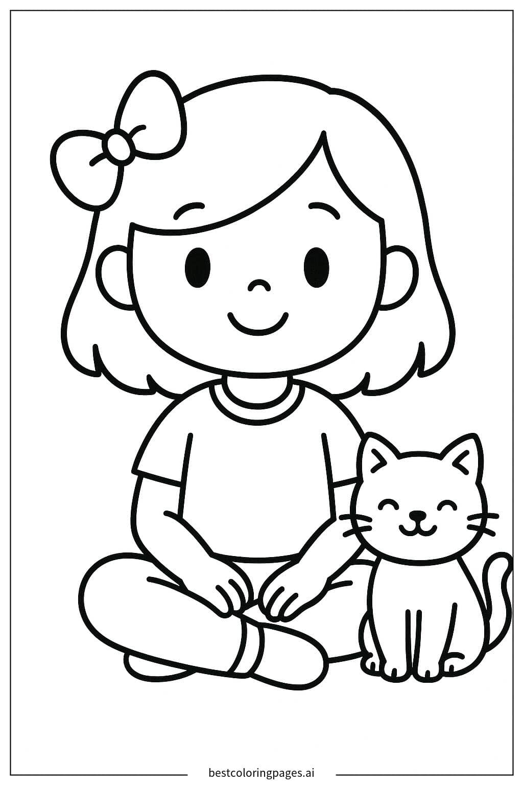 Coloriage Fille assise avec un chat