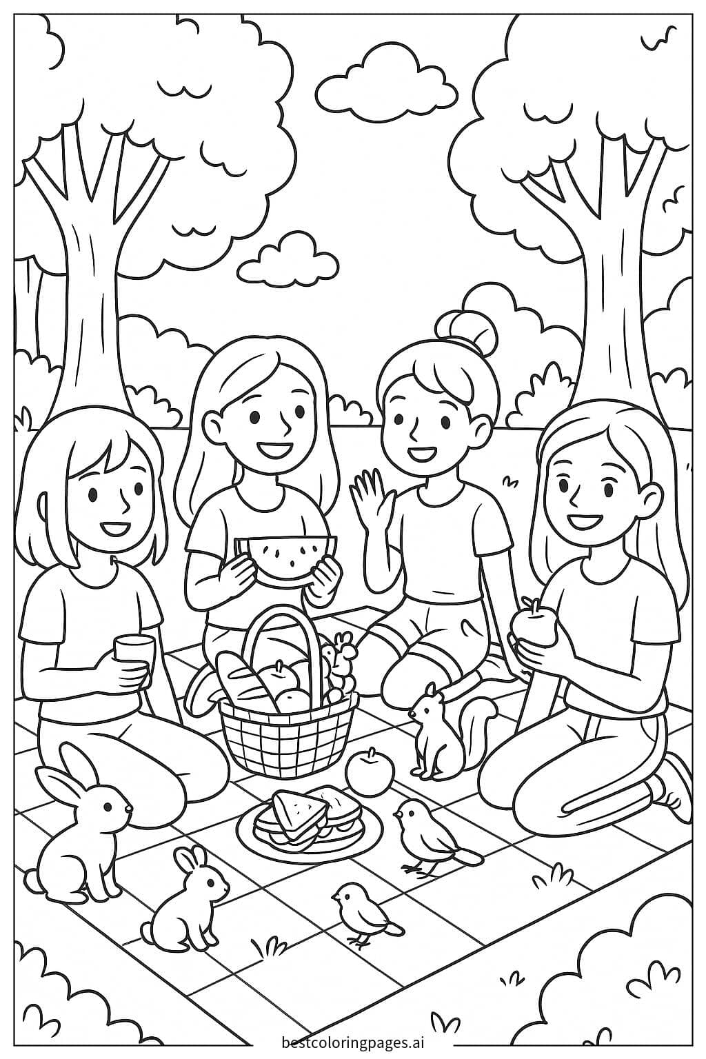 Coloriage Des filles faisant un pique-nique dans le parc