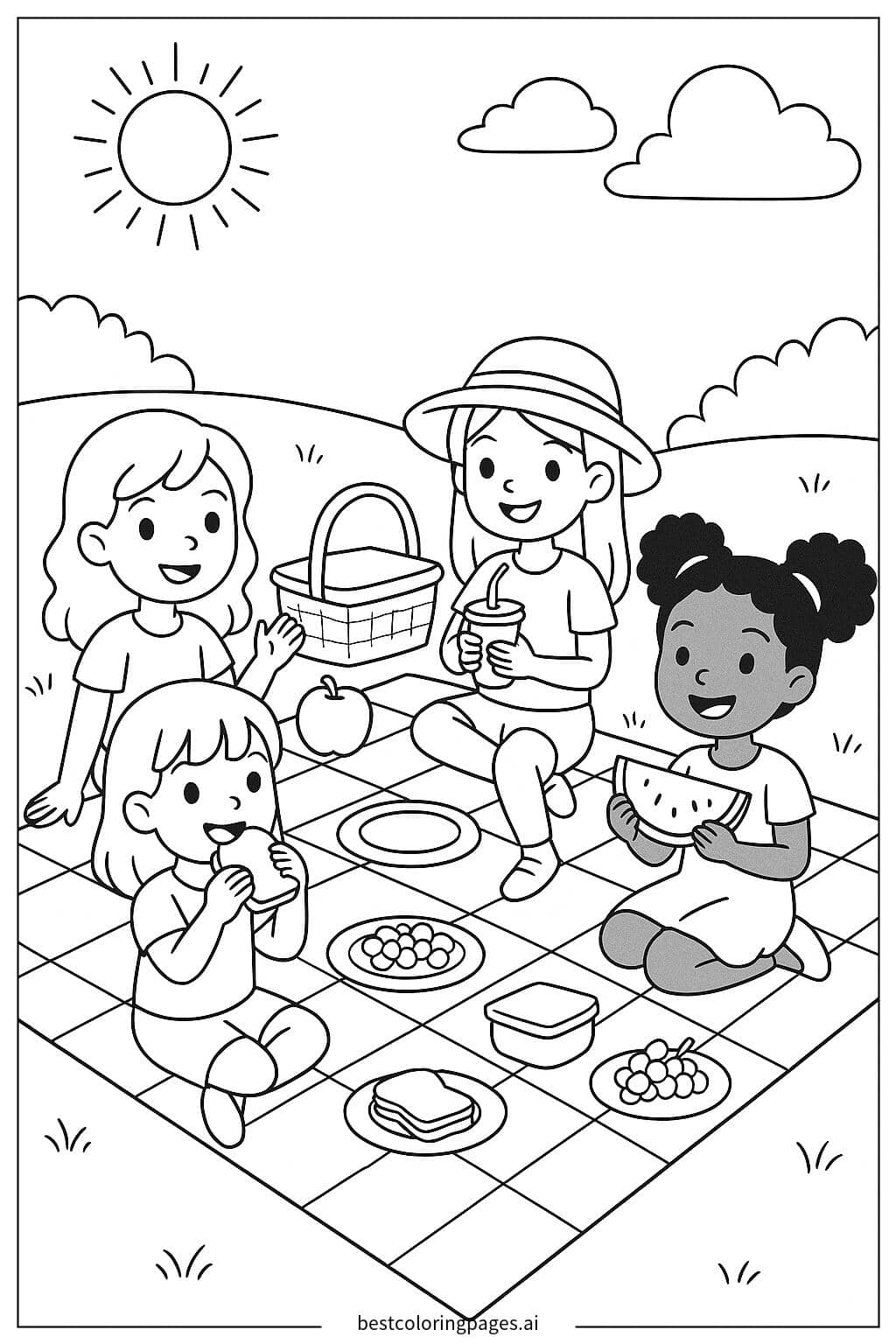 Coloriage Filles Faisant un Pique-Nique