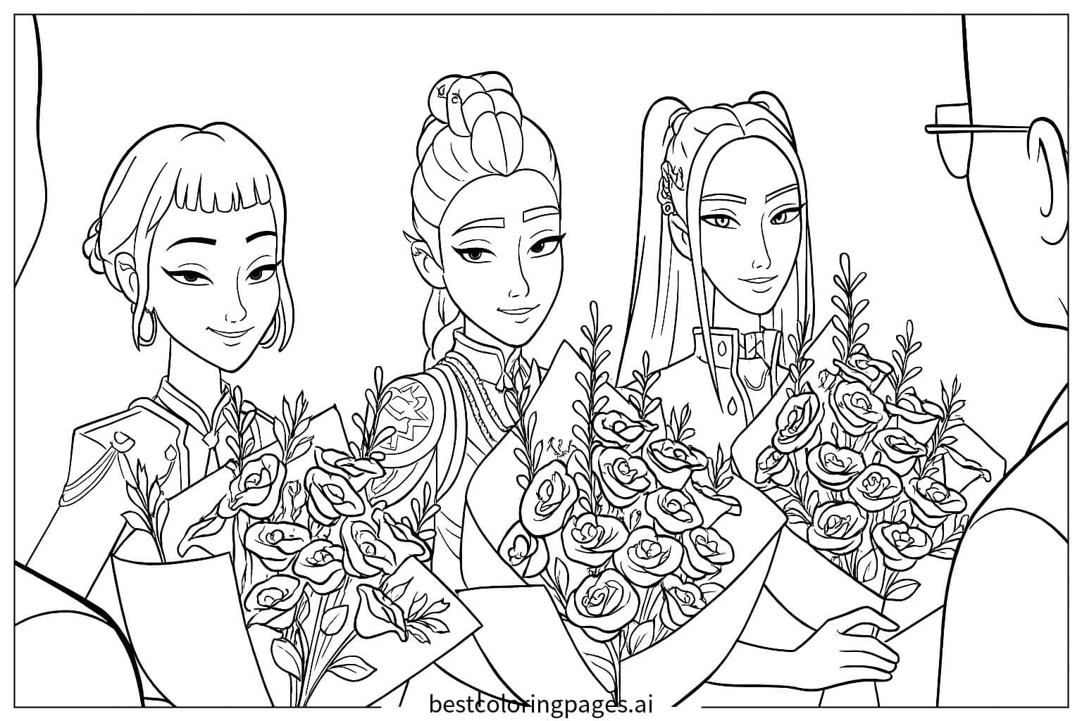 Dibujos de Chicas con ramos de flores para Colorear