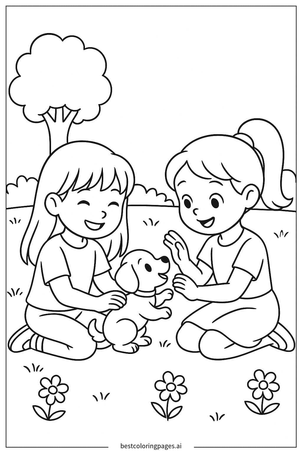 Girls Playing with a Puppy Coloring Page