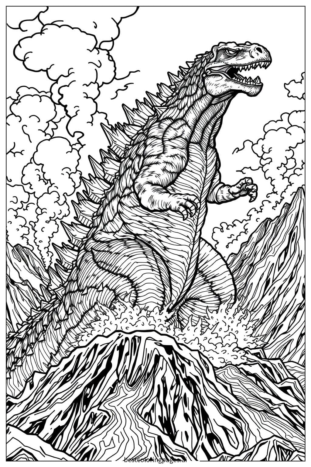 哥斯拉从火山熔岩中崛起 涂色页