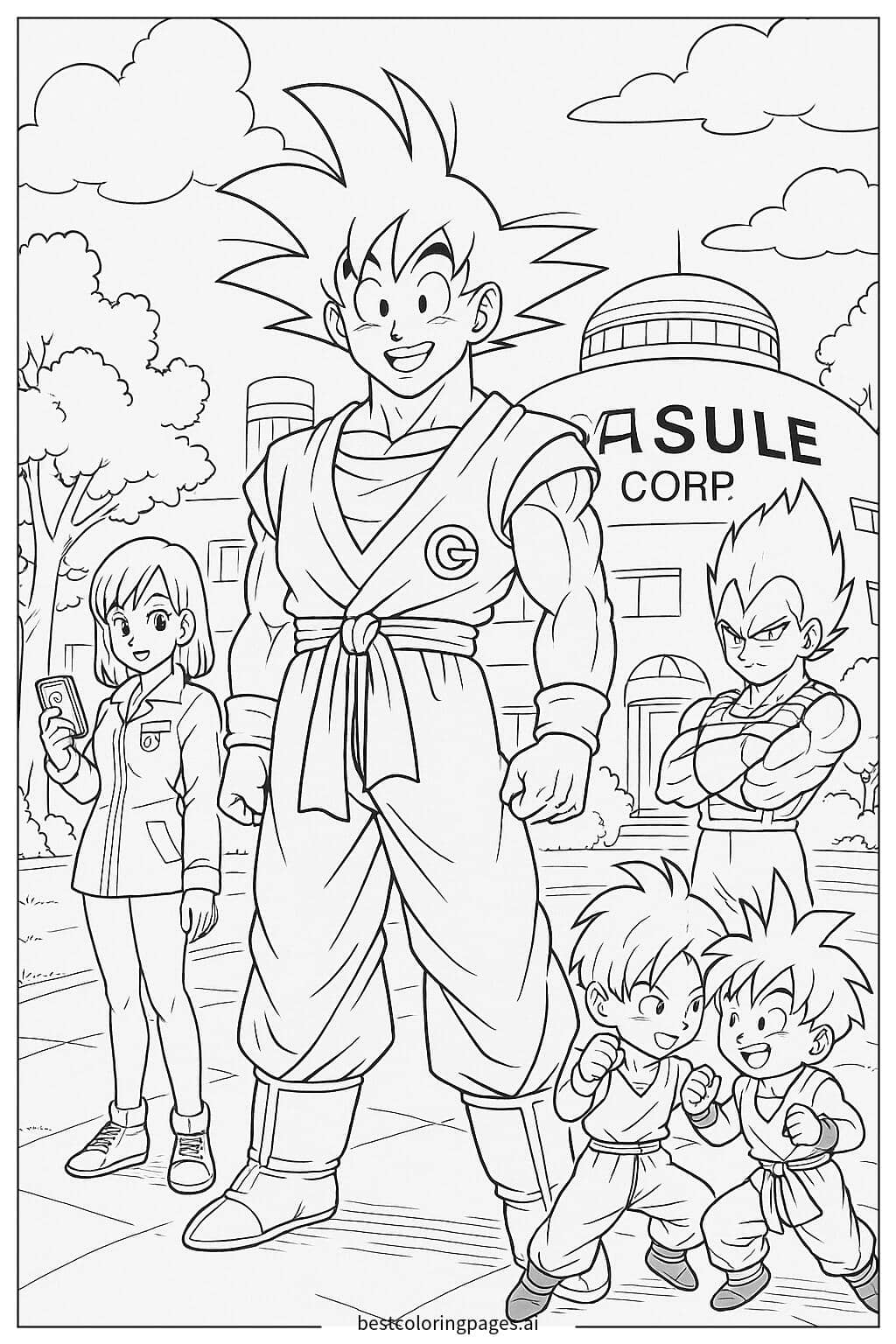 Goku and Friends at Capsule Corp Coloring Page