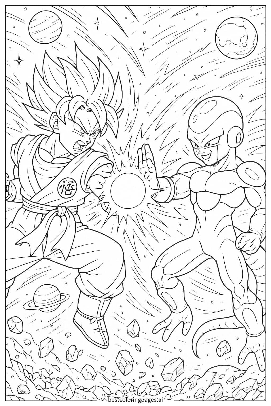 Goku Fighting Frieza in an Epic Space Battle Coloring Page