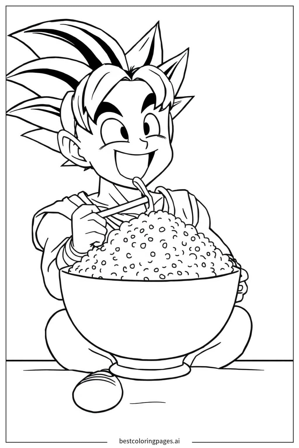Desenhos de Goku comendo uma grande tigela de arroz para Colorir