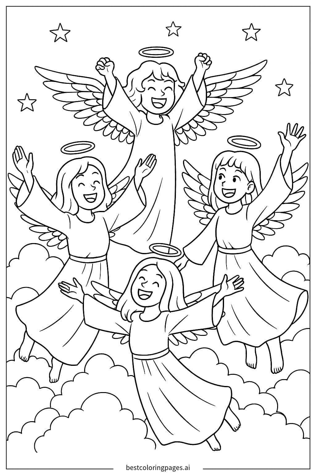 Desenhos de Grupo de anjos celebrando no céu para Colorir
