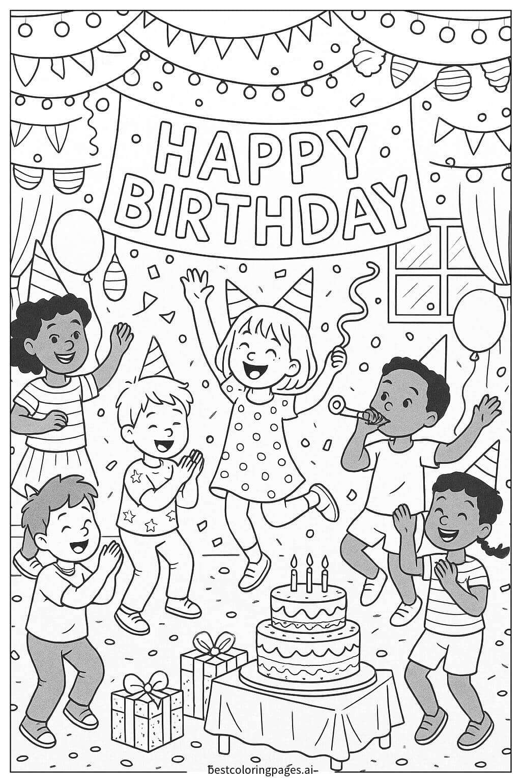Joyful Friends Celebrating a Birthday Party Coloring Page