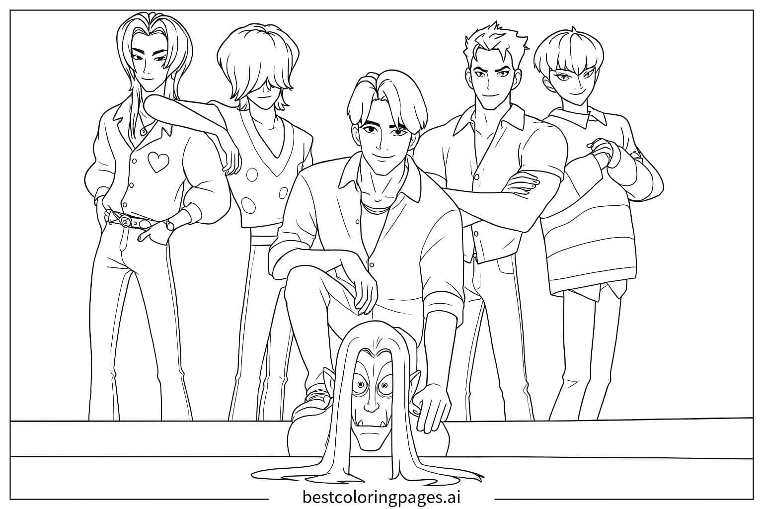 Dibujos de Grupo Con Demonio Derrotado para Colorear