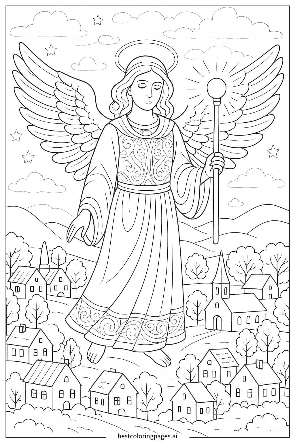 Desenhos de Anjo Guardião Protegendo uma Vila para Colorir