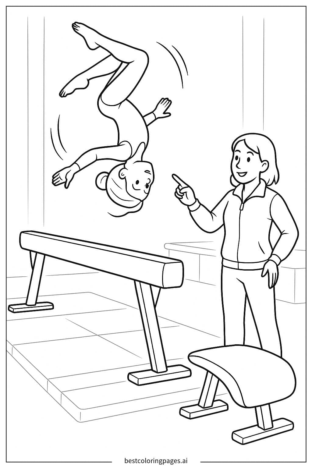 Desenhos de Ginasta praticando giros com treinador para Colorir