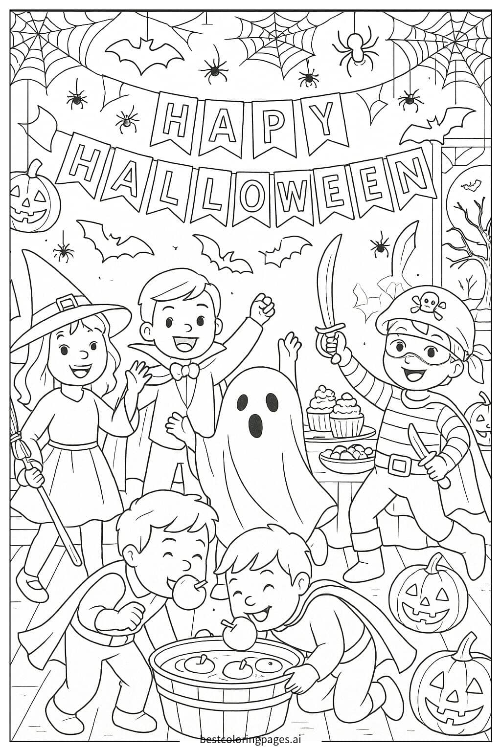 Halloween Party with Costumed Kids Coloring Page
