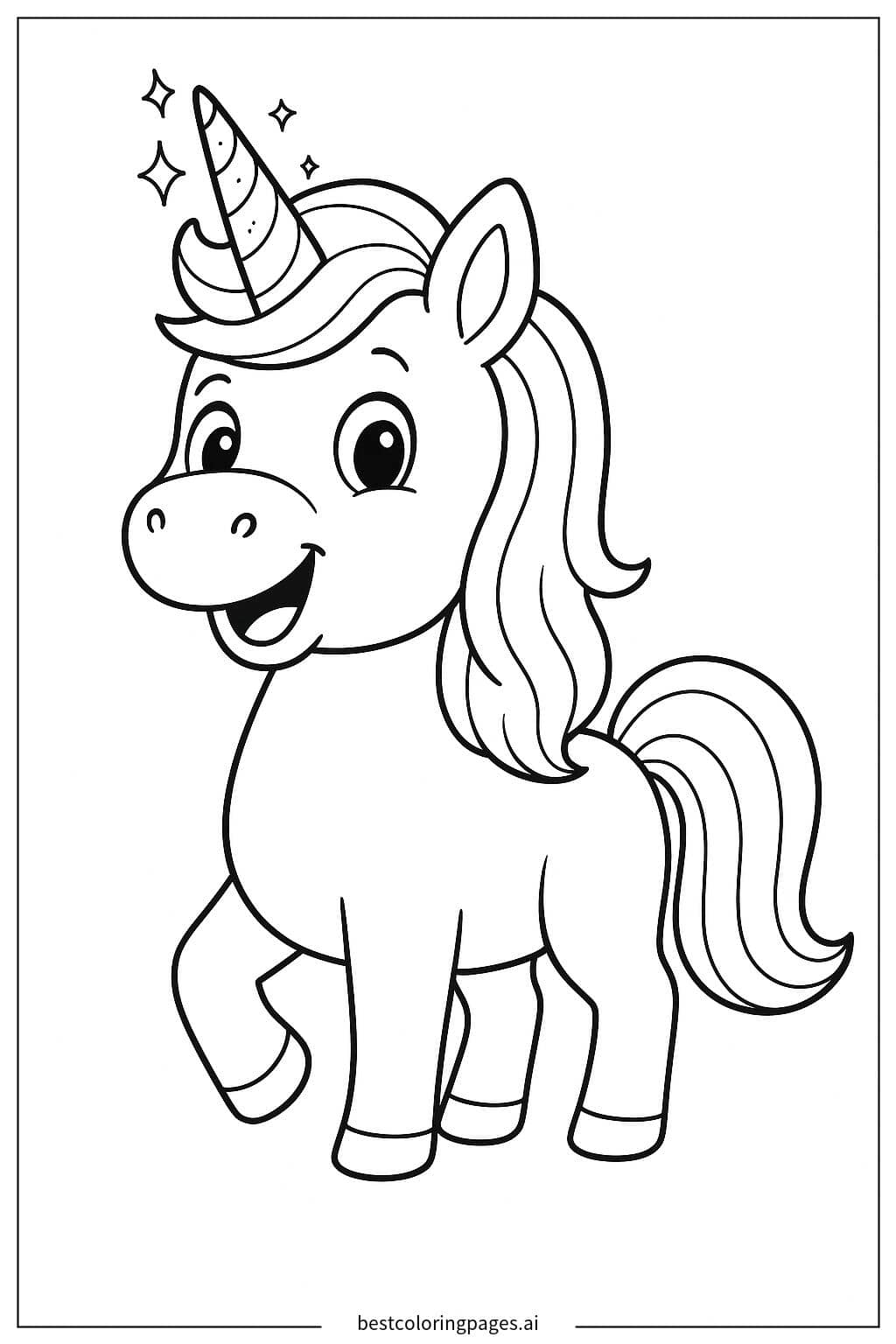 Happy Unicorn with Sparkling Horn Coloring Page