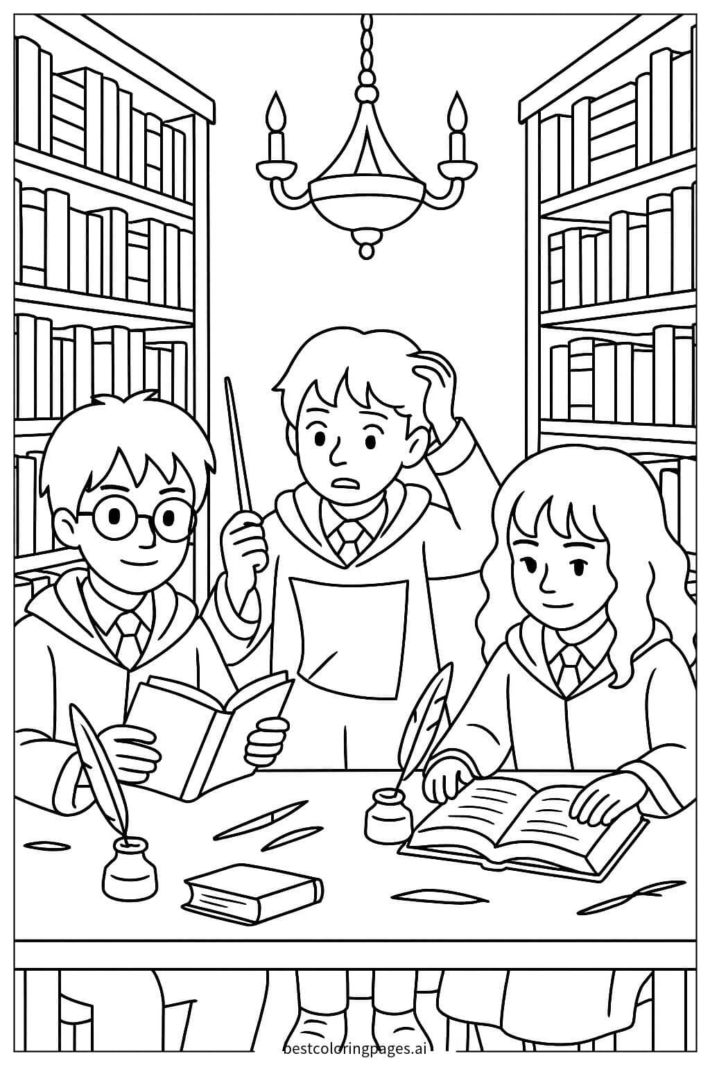 Harry, Ron, and Hermione Exploring the Library Coloring Page