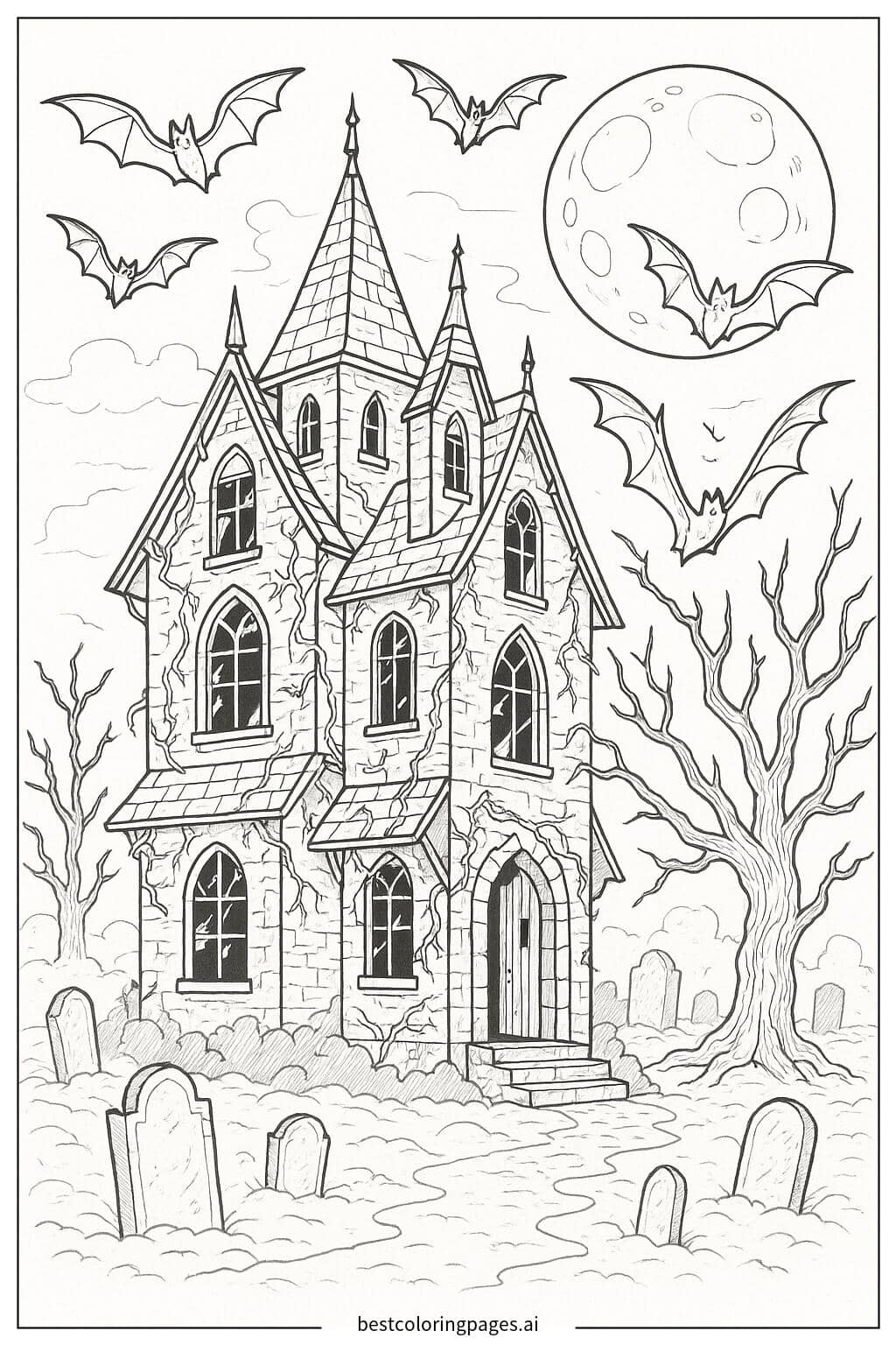 Haunted House with Flying Bats Coloring Page