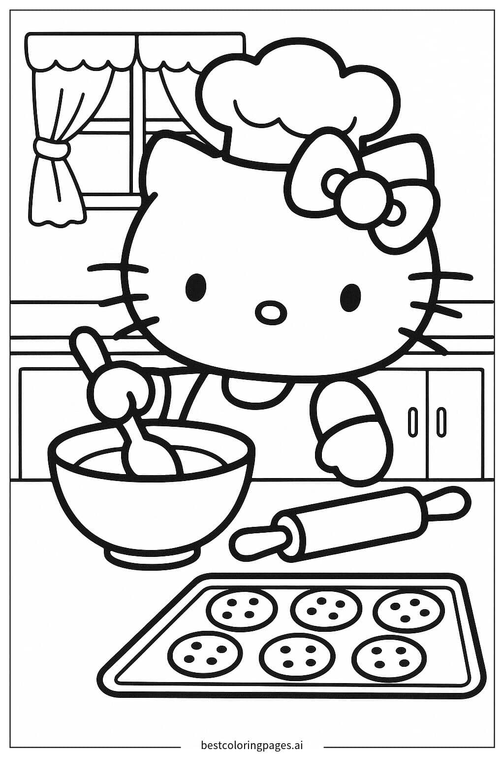 Coloriage Hello Kitty prépare des biscuits dans une cuisine