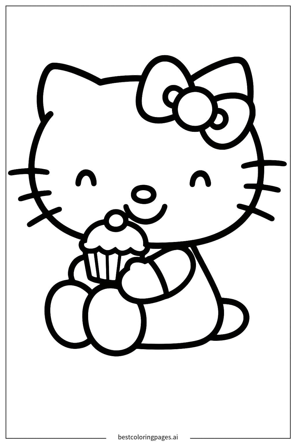 Coloriage Hello Kitty déguste un cupcake