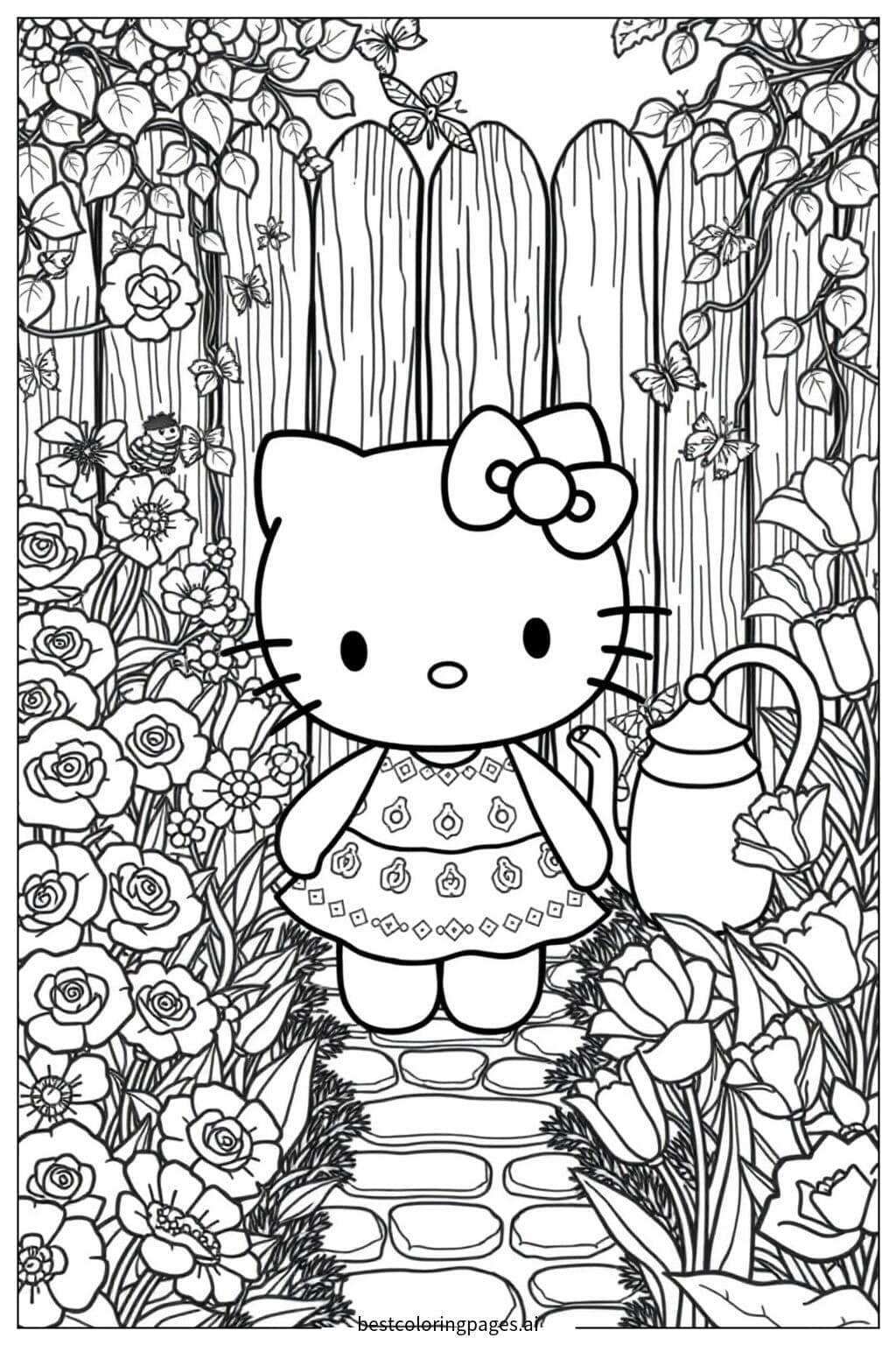 Hello Kitty in a Garden Full of Flowers Coloring Page