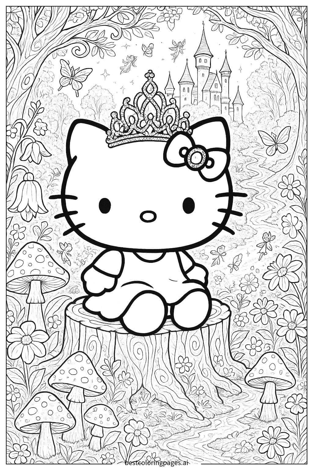 Hello Kitty in a Magical Forest Coloring Page