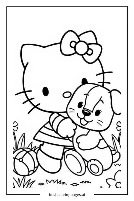 Coloriage Hello Kitty joue avec un chiot