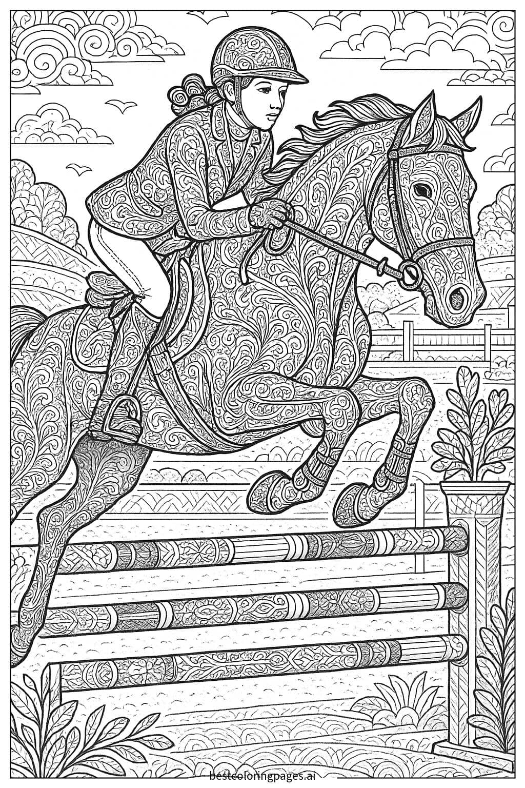 Horse and Rider Soaring Over Obstacles Coloring Page
