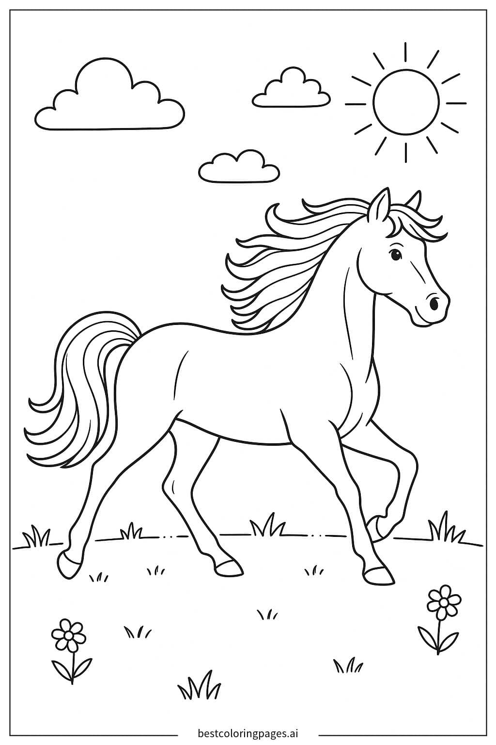 Desenhos de Cavalo trotando em um campo gramado para Colorir